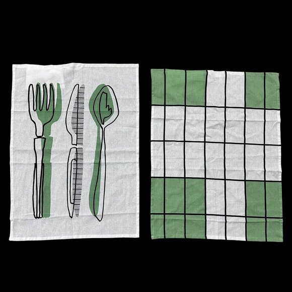Kitschy Kitchen Dish Towels Green Black White Hanging Loop IKEA Rinnig Cotton - Picture 2 of 7